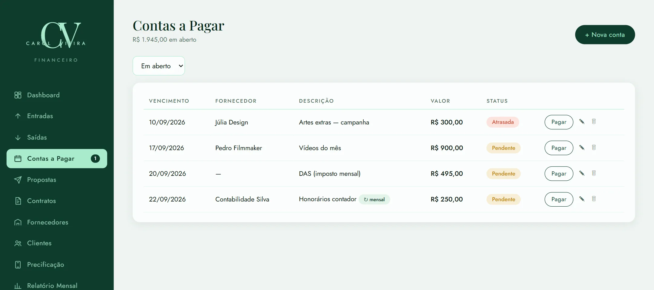 Tela de contas a pagar com vencimento, fornecedor, valor e status.
