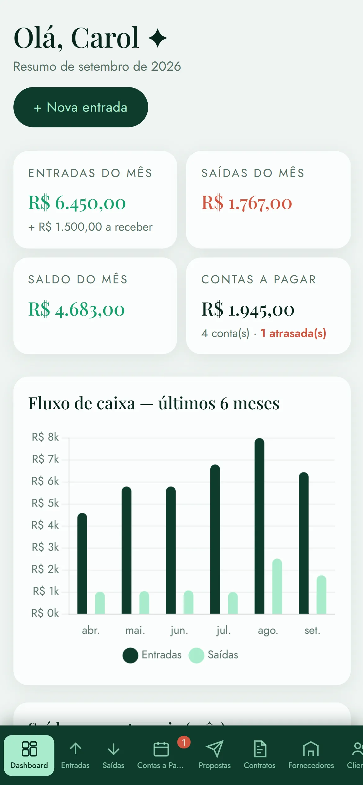 Dashboard do Prumo aberto no celular.